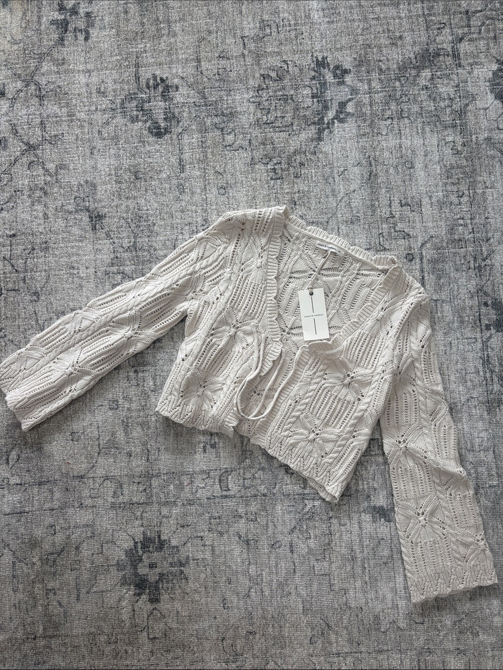 moon & madison Cream Crochet Tie-Front Cardigan